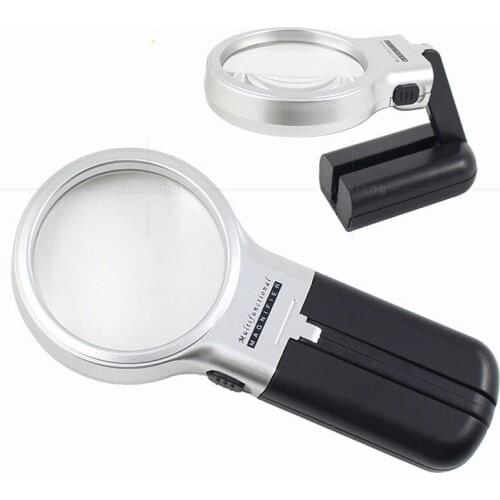 3x Folding Two LED Lights Handheld Stand Desktop Multi-Purpose Magnifying Glass Resin HD Optical Lens