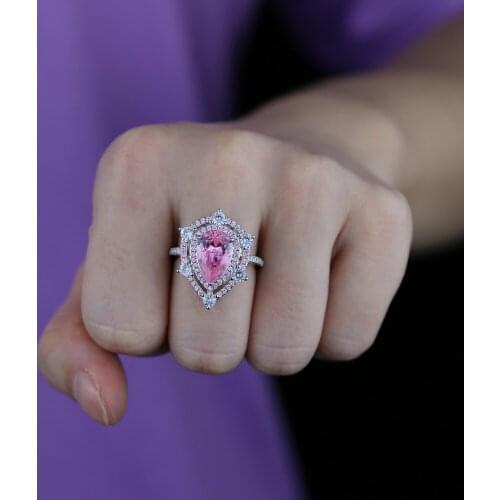 New Big Pear Shape Accent Stone Rings Pricess Cut full CZ Band Wedding Engagment Tear Drop Pink Pinky Ring For Women