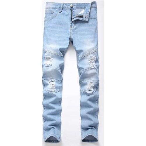 New Fashion Brand Hole Casual Straight Ripped Jeans Mens Stretch Large Size Men Light Blue Green Jeans For Men