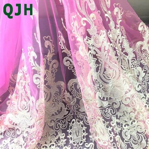 New Korean style pink transparent yarn gold-thread lace three-dimensional gauze embroidery fabric dress handmade DIY cloth
