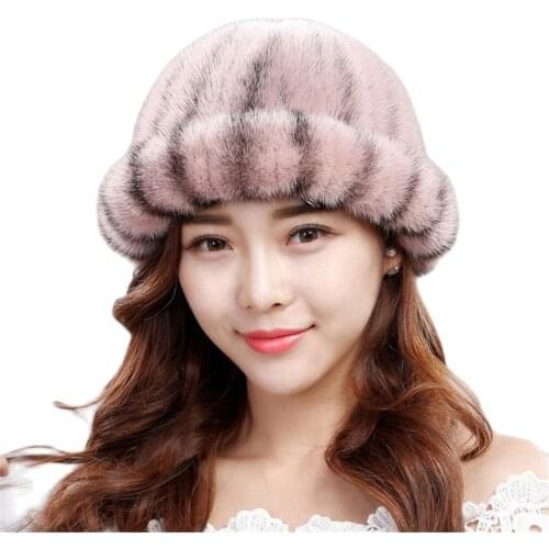 Authentic mink fur straw hat ladies winter warm hat natural black striped fur fashion hat