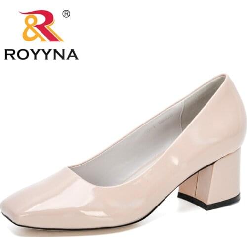 ROYYNA 2020 New Style Patent Leather Pumps Women Med Chunky Square Heel Square Toe Party Office Shoes Ladies Cozy Slip-On Shoes