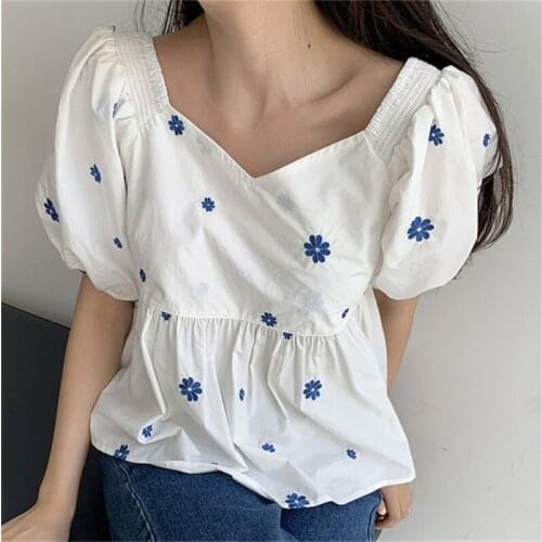 Summer V-Neck Loose Shirts Puff Sleeves Flowers Girls 2021 Slim New Sweet Femme Florals Prom Chic Elegant Women Blouses Tops