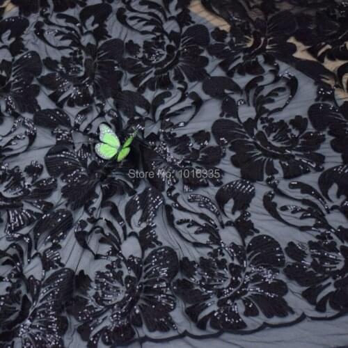 120CM Width Black Big Floral Sequin Mesh Embroidered Lace Fabric Sequins French Lace Fabric