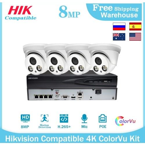 Hikvision Compatible 4K CCTV Security System Kit NVR DS-7604NI-K1/4P 8MP IP Camera H.265 POE ColorVu Bulit-in Mic Video Camera