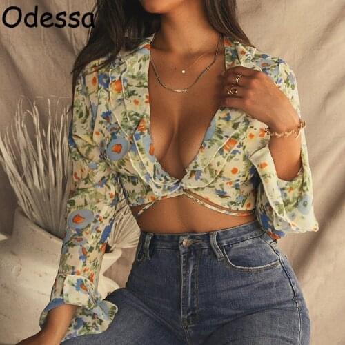 Odessa Fashion Women Floral Print Cropped Shirt Sexy Deep V Neck Bandage Ruffle Long Flare Sleeve Autumn Casual Tops and Blouses