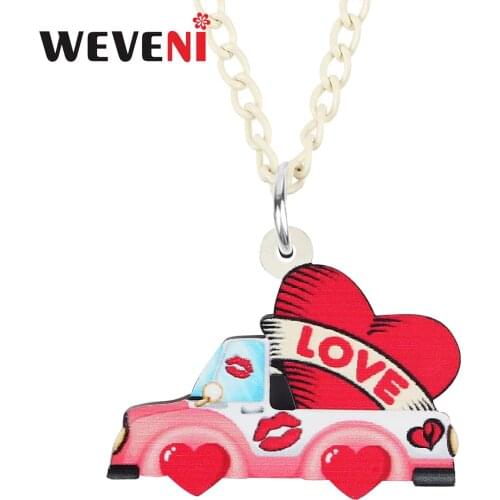 WEVENI Valentines Day Acrylic Sweet Red Love Heart Shape Car Truck Necklace Pendant Fashion Charms Jewelry Gifts For Women Girl