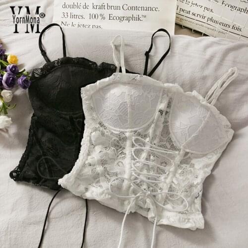 YornMona Ins Fashion White Black Bandage Lace Tops Women Sexy Backless Short Camis Retro Gothic Spaghetti Strap Shirt Tanks