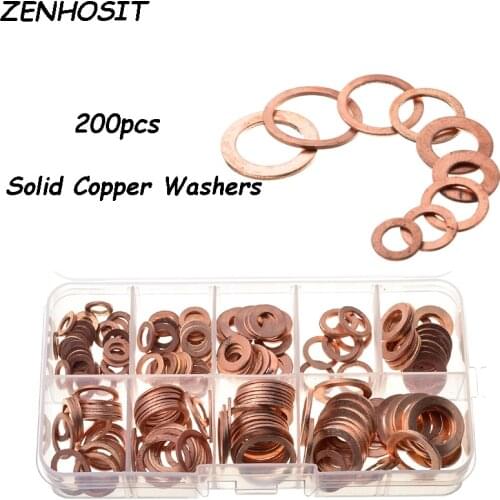 ZENHOSIT 200pcs Flat Ring Oil Brake Seal Washer 9Sizes Solid Copper Crush Washer Gasket M5-M14 Copper Washer for Hardware Kit