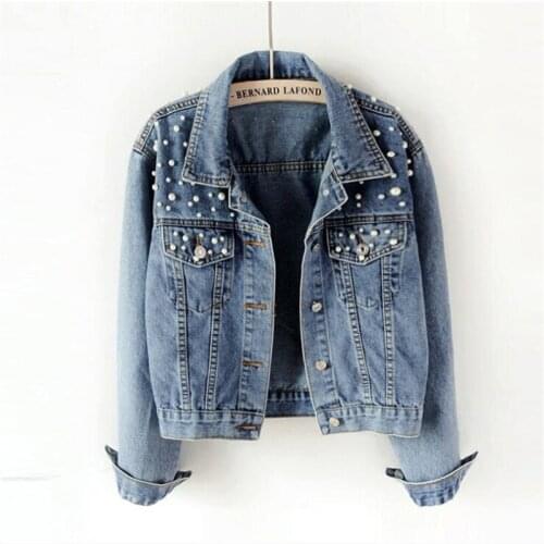 2021 New Arrival Fashion Beading Pearls Cotton Jean Jacket Women Plus Size Long Sleeve Loose Short Blue Denim Jackets Coat Ddlg