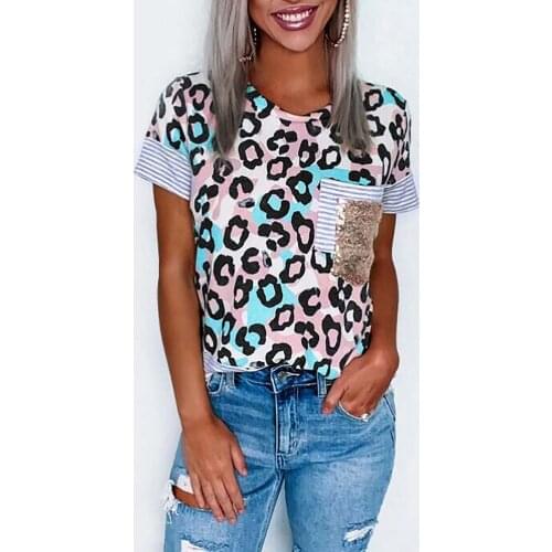Sequin Tunic Tops Foe Ladies 2021 Summer Sexy Office Fashion Womens Leopard Print Short-sleeved Female Striped Splicing Tops