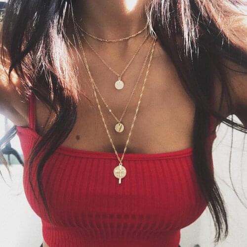Gold Color Round Sequins Coin Cross Pendants Necklaces for Women 2018 Fashion Jewelry Ladies Daily Layered Necklace Female