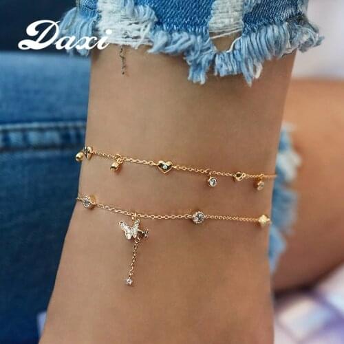 DAXI Butterfly Anklets Gold Anklets For Women Bohemian Crystal Heart Anklet Fashion Womens Jewelry Charm Ankle Chain Set