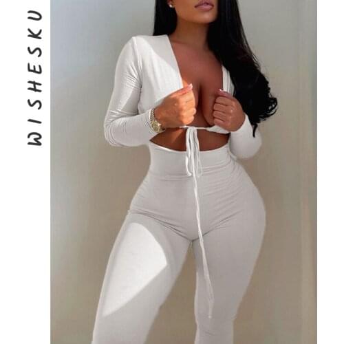 Sexy V Neck Tie Up Jumpsuit Women Cut Out Long Sleeve Skinny One Piece Rompers 2021 Summer High Waist Pencil Playsuit Streetwear