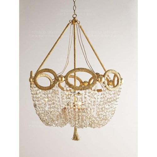 Gold and crystal chandelier light Hemp rope crystal beaded hanging kitchen light fixtures Russia D55*H88CM 4 candle lights