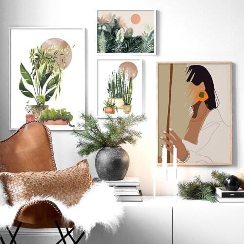 Abstract Vintage Girl Potted Plant Leaves Wall Art Canvas Painting Nordic Posters and Prints Wall Art Pictures for Home Decor