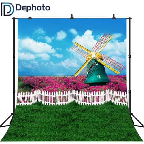 Dephoto Photography Backdrops Wedding Windmill Cabin Flower Field Fence Sky Grass Floors Baby Child Portrait Scene Studio Props