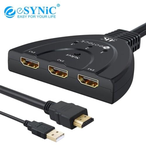 ESYNiC 3 Port Switcher 4K 3D 1.4b HDMI-compatible Switcher+USB Power Cable Support Multiple HD Input Sources For DVD Box PS3 PS4