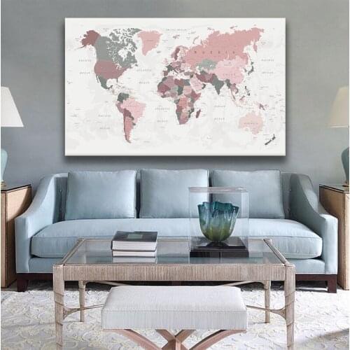 World Map Poster Print Pink Colors Wall Art Canvas Painting Big Size Wall Picture for Living Room Home Decor Cuadros
