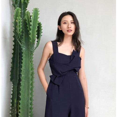 Sexy Bow Strap Jumpsuit Wide Legs Summer Sleeveless Backless Calf-Length Pants Bodysuits Solid Fashion Higt Waist Rompers Womens