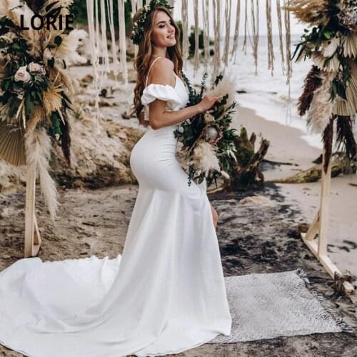 LORIE Two Pieces Wedding Dresses V-Neck Chiffon Spaghetti Strap Front Split Mermaid Wedding Gown Detachable Short Sleeves Bride