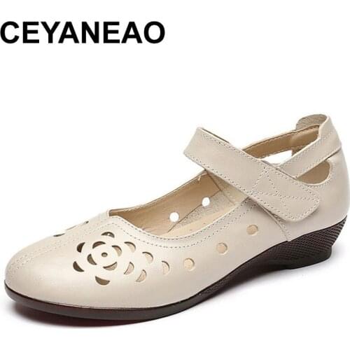 CEYANEAO Genuine leather ladies flat summer shoes woman without lace casual moccasins hollow out round toe soft comfort sandals