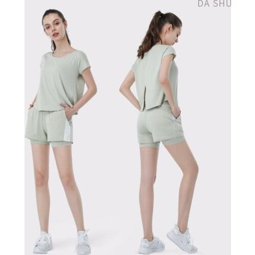 SS21 Gym Set Women Yoga Sports Suit Womens Net Spell Quickdrying Shorts Loose Short-sleeved Shirt Fitness Suit Workout Clothing