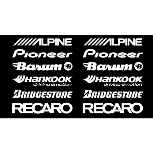 For 1Set ALPINE, PIONEER, BARUM, HANKOOK, BRIDGESTONE, RECARO car stickers WHITE #SK-004 Car Styling