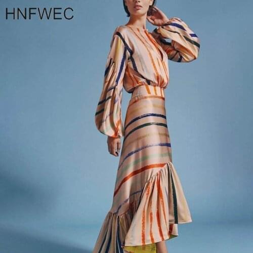 2019 Summer New Style Round Collar Long Lantern Sleeve Striped Patchwork Pullvoers Long Dress Women Fashion Tide E166