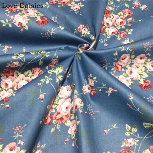 100% Cotton Twill DARK BLUE Pink Red Rose Flowers Floral Fabrics for DIY Bedding Apparel Dress Handwork Decor Textile