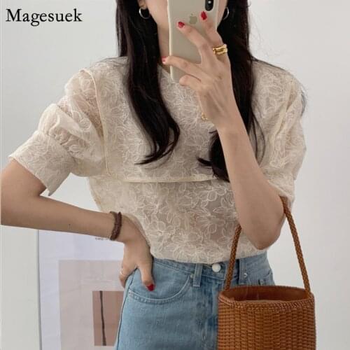 2021 Summer Chic Embroidery Loose Floral Woman Shirt Hot Sale Half Sleeve Womens Blouse Fashion Clothing Lace Tops Blusas 9955