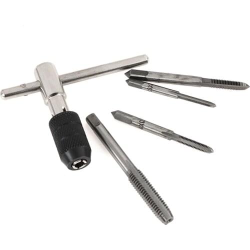 5pcs T-type Machine Hand Screw Tap Wrench M3/M4/M5/M6 Tap Die Set Straight Fluted Screw Thread Metric Plug Tap Drill