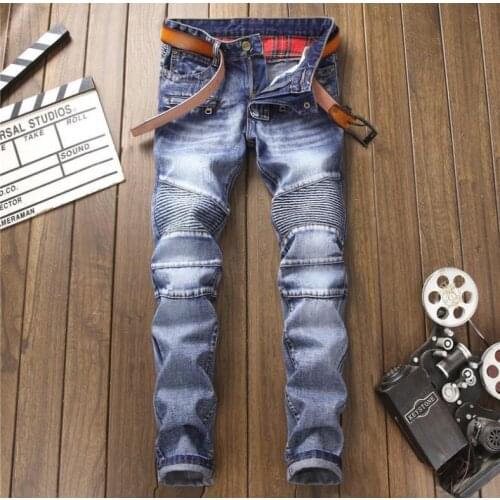 Biker Blue Motorcycle Mens Slim Jeans Casual Denim Cargo Pants Fashion Ripped Man Paris Straight Fit #003