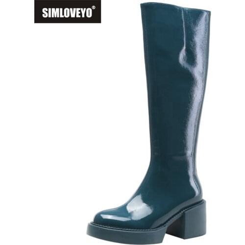 SIMLOVEYO Size 40 Slip On Patent Genuine Leather Boots Women Thick High Sole Chelsea British Ridding Winter Platform Knee Bootie
