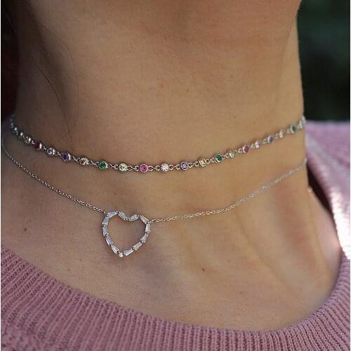 Delicate round bezel Cz Link chain Rainbow color Gold filled colorful cz station trendy gorgeous elegance collar chain necklace