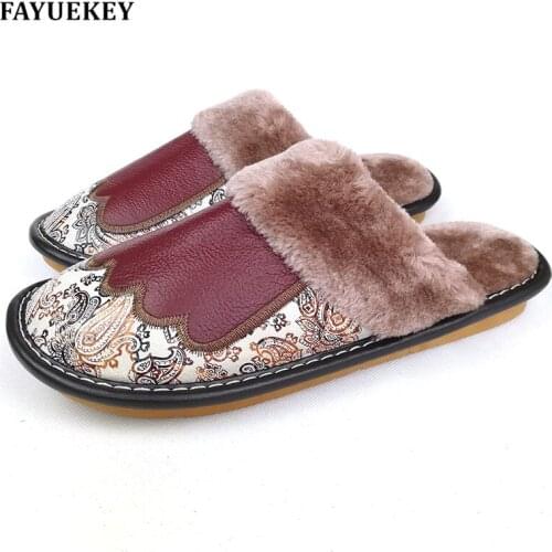FAYUEKEY Autumn Winter Genuine Leather Women Print Home Slippers Indoor Outdoor Slippers Warm Cotton Plush Flat Shoes Girls Gift