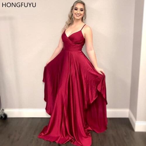 HONGFUYU Simple Satin A Line Prom Dresses вечернее платье Women Spaghetti Straps Formal Dress Evening Gowns Long robe de soiree