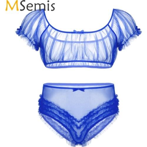 Mens Erotic Lingerie Set See Through Sheer Sissy Crossdresser Mesh Off Shoulder Crop Top with High Waist Frilly Ruffle Underwear