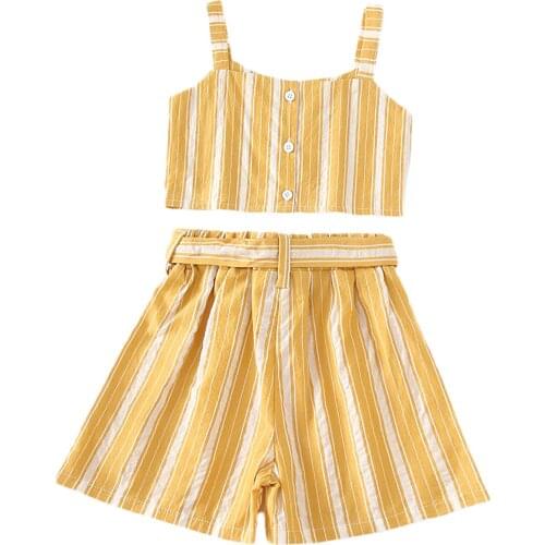 Citgeett Summer Kids Girls Clothing Set Stripe Sleeveless Sling Tops and Elastic Waist Shorts Two-Piece Suit Yellow Set Clothes