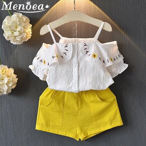 Menoea Kids Suits 2020 New Summer Style Children Clothes Suits Sling Cute Pattern T-shirt+Short Pants Girls Casual Clothes Sets