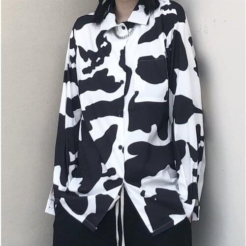 High Street Fashion Oversized Loose Shirt Long Sleeve Milk Print Classic Mens and Womens Tops Mid-length Youth blouse