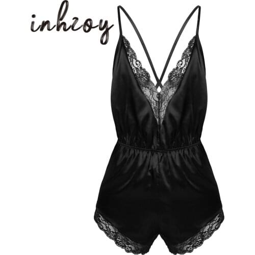 Mens Lingerie Sissy Pajamas Romper Adjustable Spaghetti Strap Lace Trimmed Jumpsuit Satin V-neck Gay Male Nightwear Sleepwear