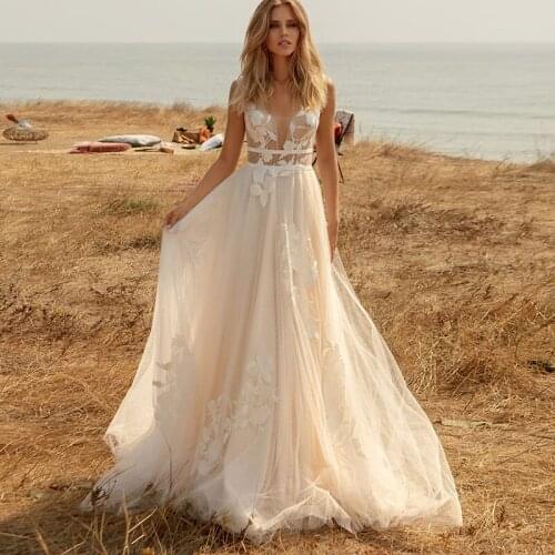 New See Through Bohemian A Line Floor Length Backless Applique Tulle Illusion Beach Wedding Gowns