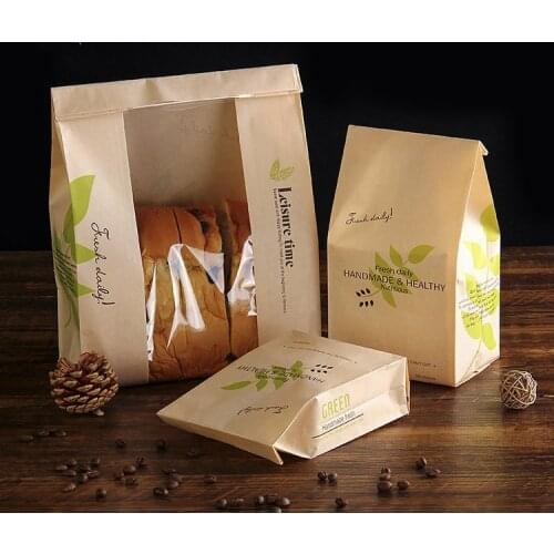 Bakery Bread Loaf Bags with Window,50Pcs Kraft Paper Bags Green Leaf Pattern Baking Packaging Toast Bag Coffee Bags Cookie Treat