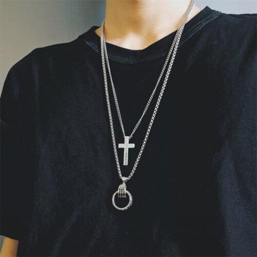Pop ghost hand ring necklace ins earthy cool bouncy male and female tide cross pendant hip hop multi-layered accessory