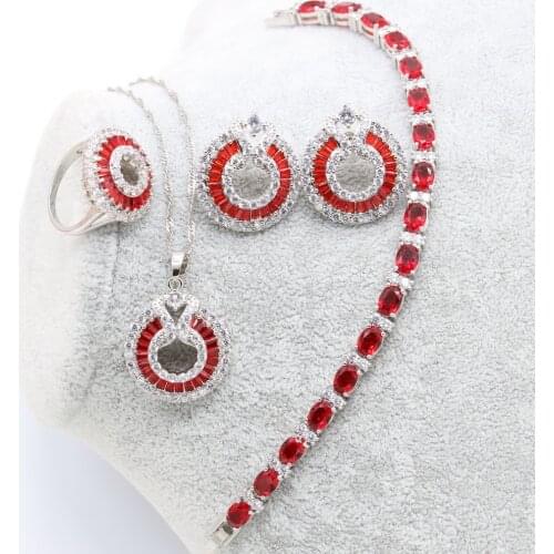 Red Cubic Zirconia Silver Bridal Jewelry Sets Women Wedding Costume Necklace Sets Ring Earrings Pendant Bracelet Jewelry