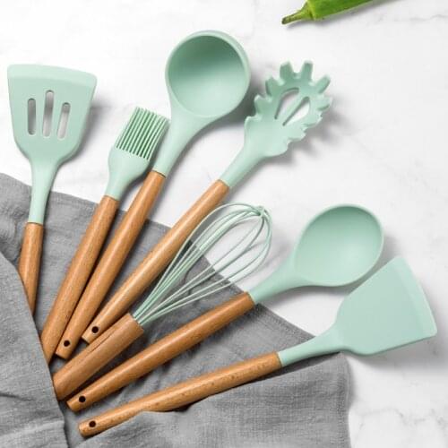Silicone Kitchen Set Heat Resistant Cookware Spatula Shovel Soup Spoon With Wooden Handle Non-stick Kitchenware Set Accessories