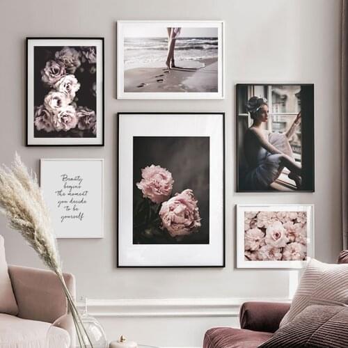 Modern Pink Peony Floral Girl Footprints Canvas Painting Wall Art Pictures Poster Print Interior Living Room Home Decor No Frame