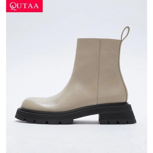 QUTAA Fashion Women Ankle Boots Real Leather Platform Winter Shoes For Woman Warm Fur Lady Short Boots ZA Footwear 35-42