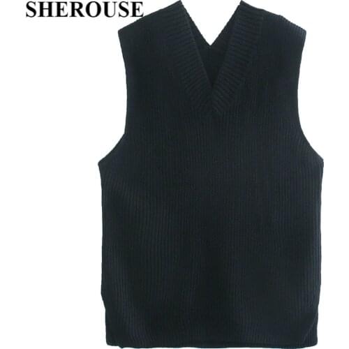 SHEROUSE Fashion Women Oversized Sweater Vest V-Neck Sleeveless Casual Sweaters Woman Elegant Chic Lady Pullover Tops